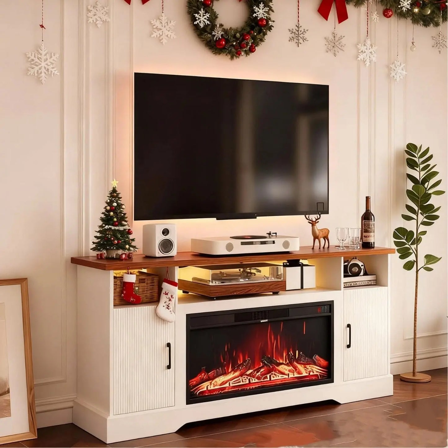 Farmhouse Style Electric Fireplace TV Stand With LED Strip