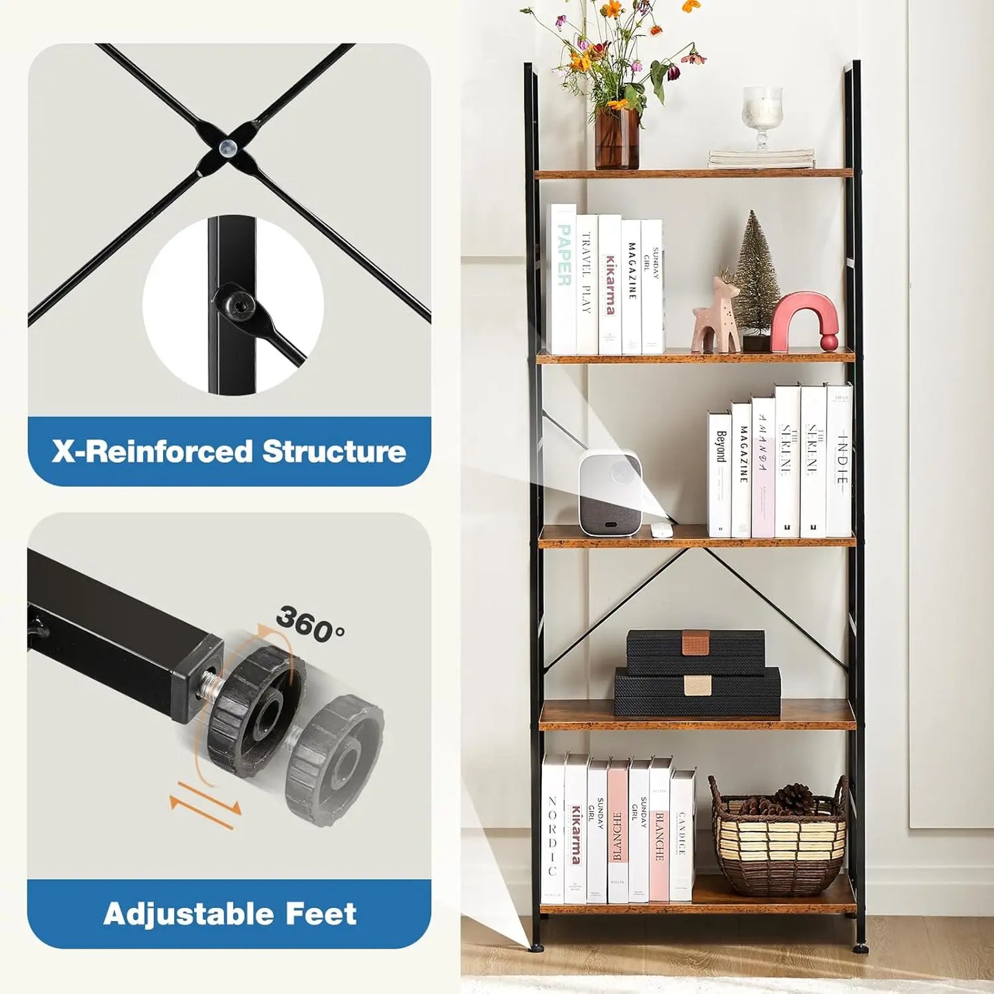 XMSJ 5 Tier Bookshelf Tall Display Shelf For Living Room