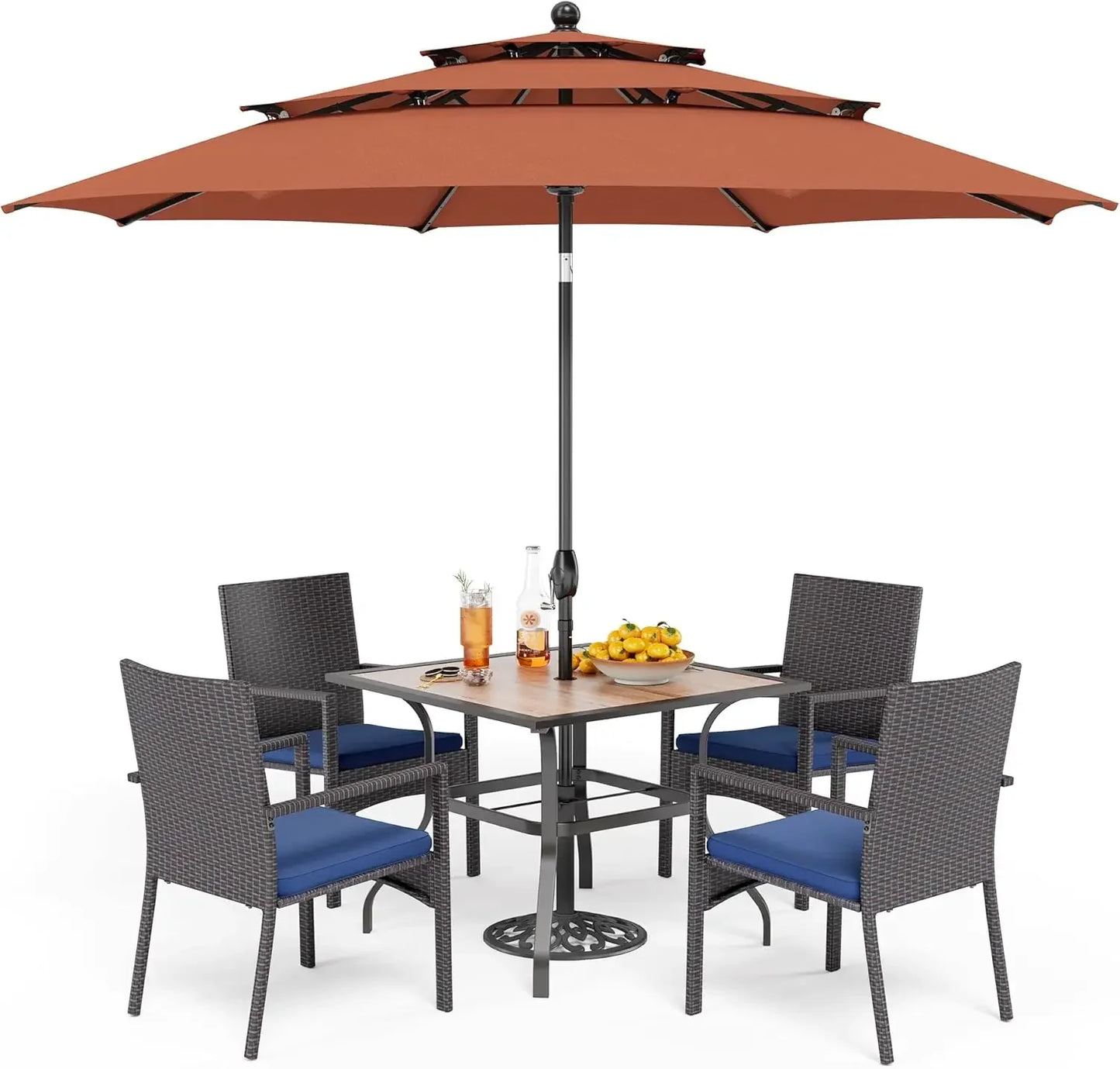 Outdoor Metal Dining Set With Umbrella And Cushioned Rattan Chairs