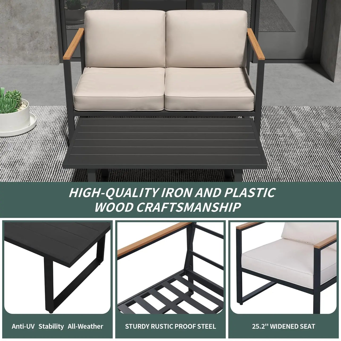 HiMISS Outdoor Patio Set With Metal Frame Sofa And Washable Cushions