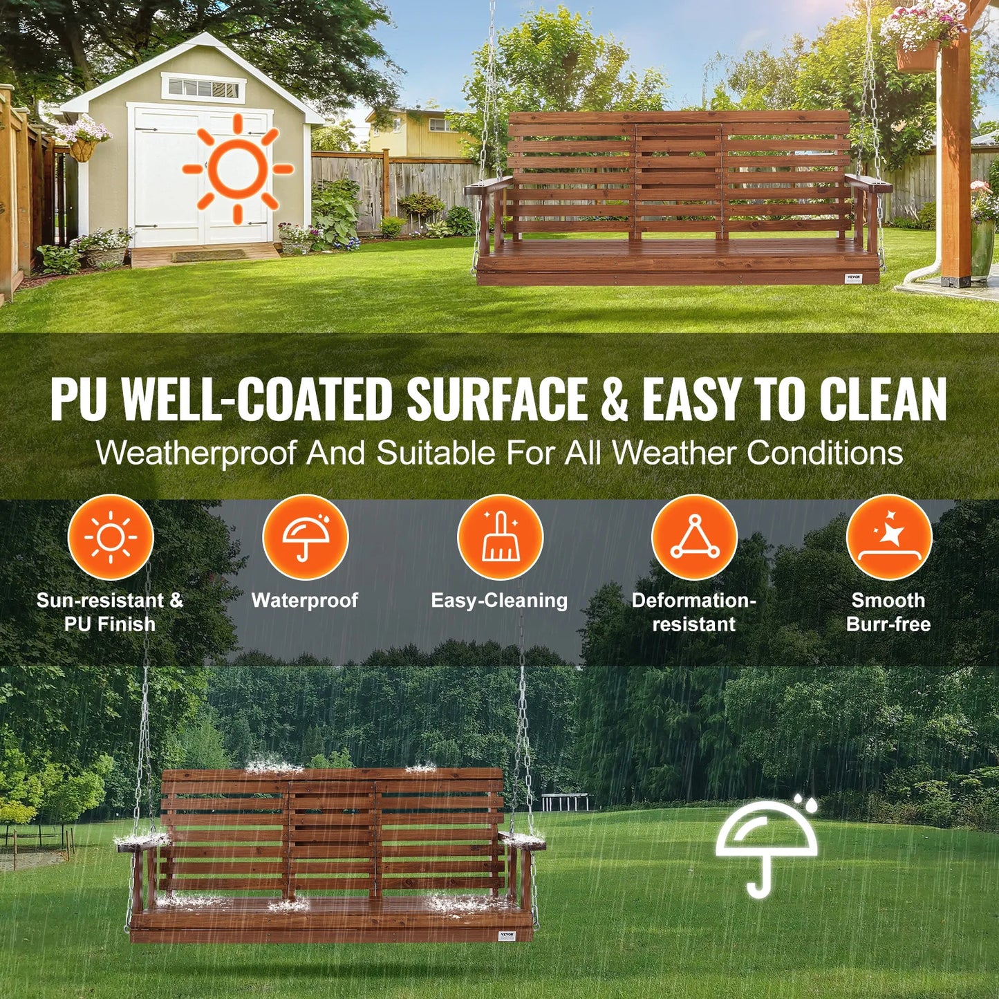 SucceBuy Cedar Wood Porch Swing With Steel Chains For Outdoor Patio