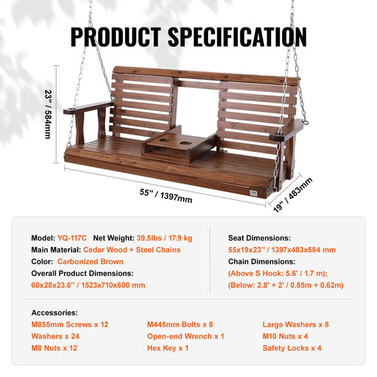 SucceBuy Cedar Wood Porch Swing With Steel Chains For Outdoor Patio