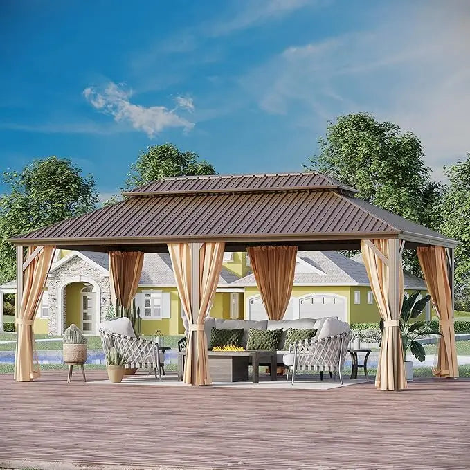 Hardtop Gazebo With Dual Layer Galvanized Metal Roof Netting Curtains