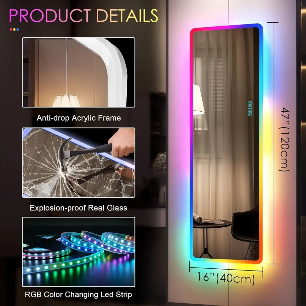 LED RGB Lighted Wall Mirror With Lights Over Door Hanging Mirror For Home