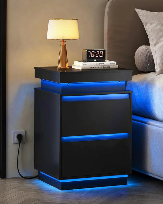 MOYU Nightstand With Charging Station And LED Lights Two Drawers