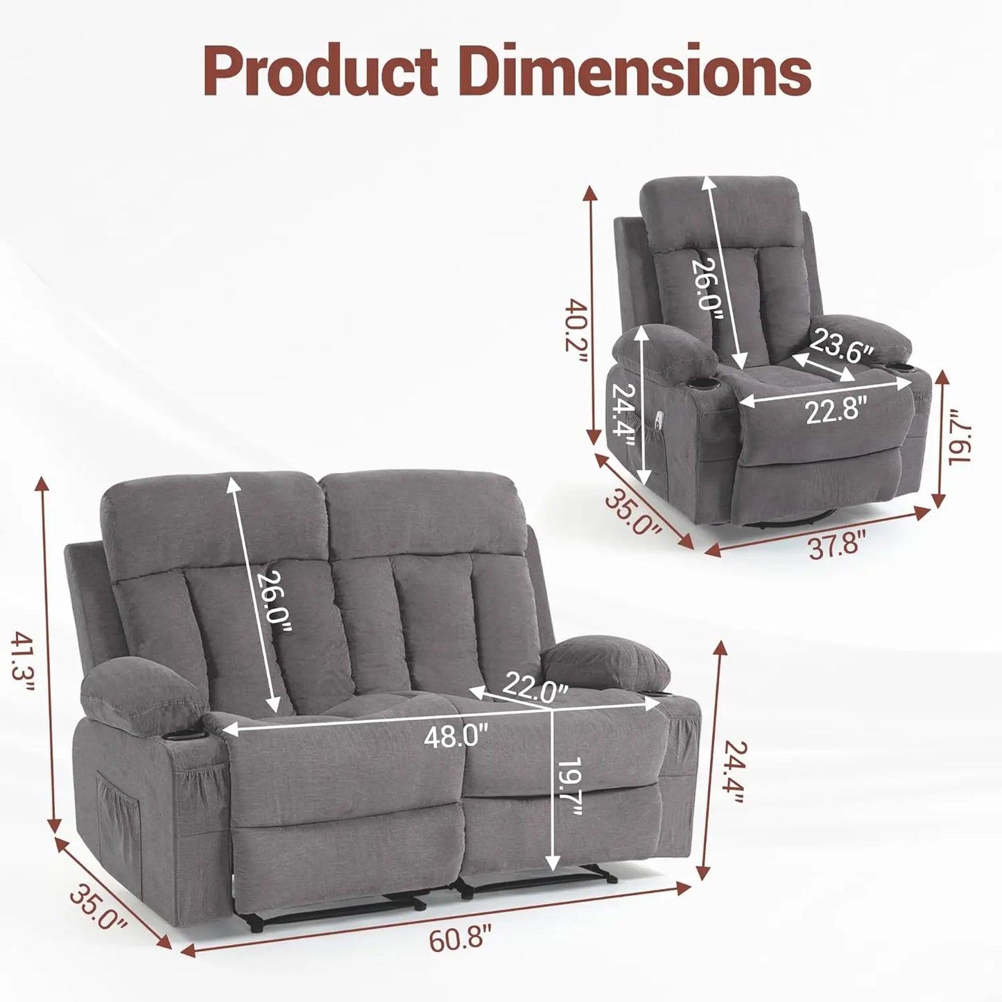 Manual Recliner Sofa Set 3 Piece With Cup Holders Theater
