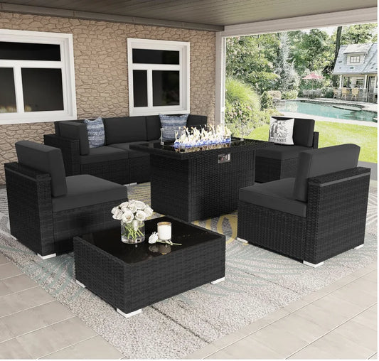 Eight Piece Outdoor Patio Furniture Set With Propane Fire Pit