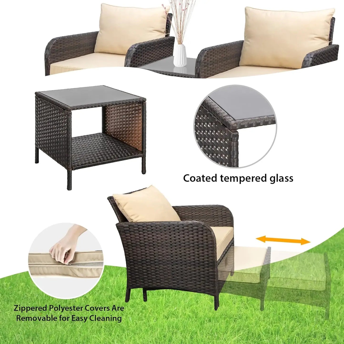 5 Piece Patio Conversation Set Rattan Wicker Outdoor Lounge Chairs