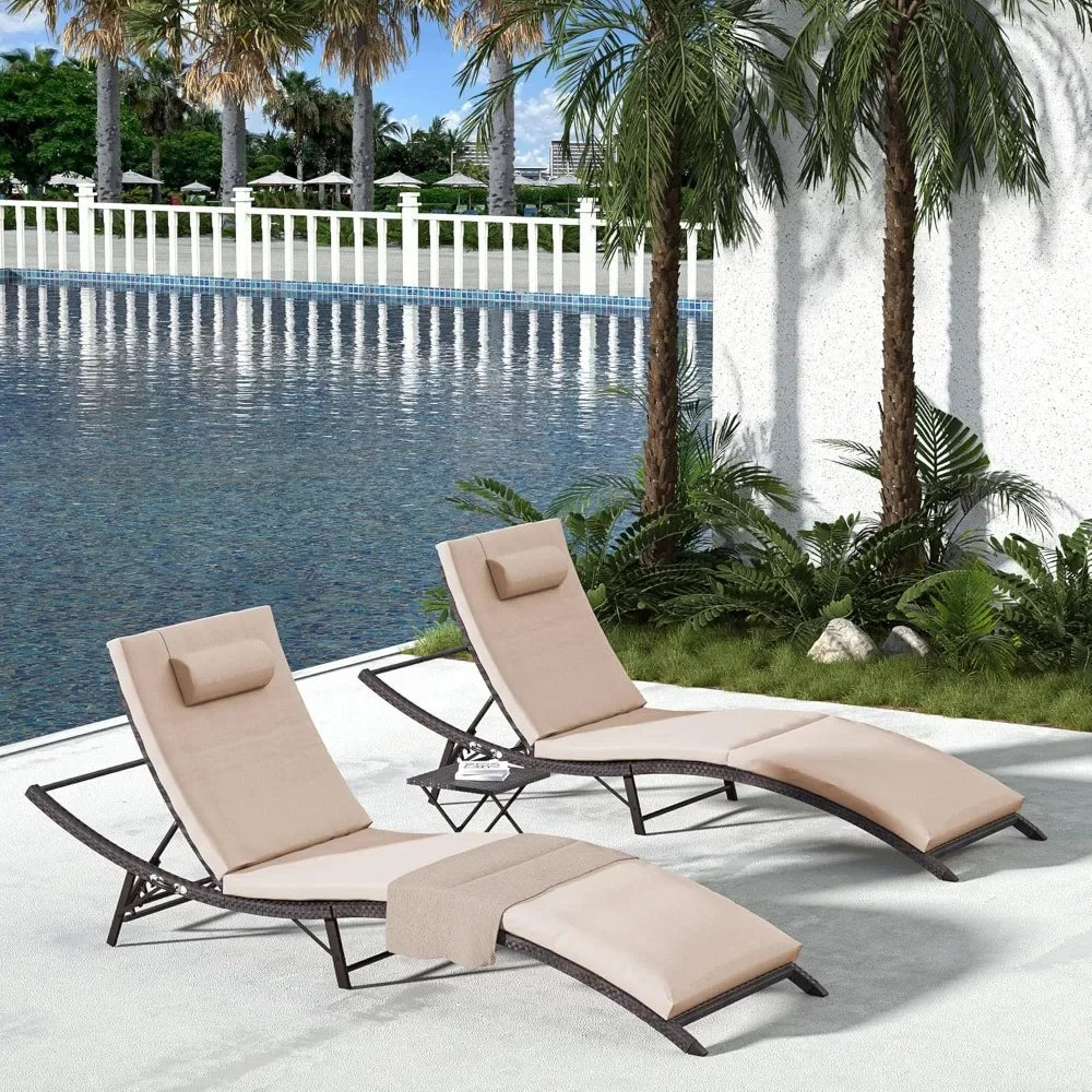 Outdoor Rattan Patio Chaise Lounge Set With Folding Table