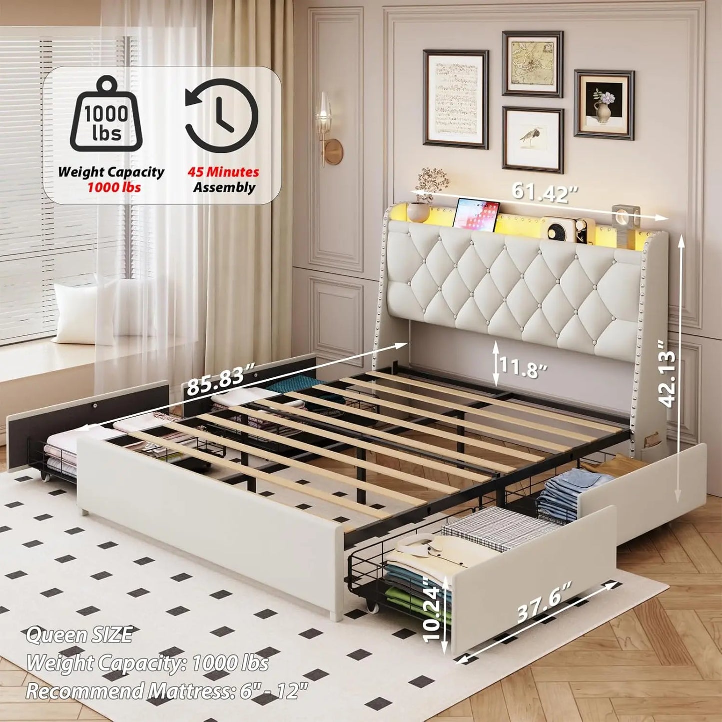 Bed Frame With Storage Headboard LED Lights And USB Charging