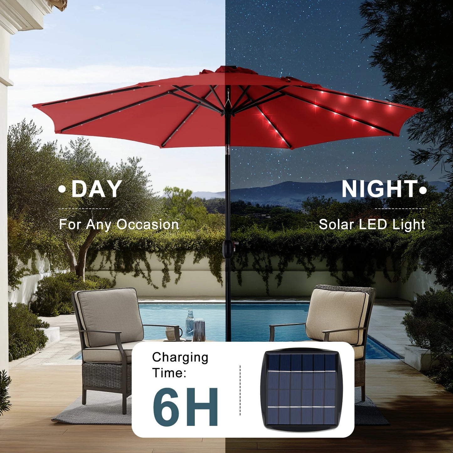 JHK Solar Patio Umbrella With 32 LED Lights UV-Resistant Outdoor