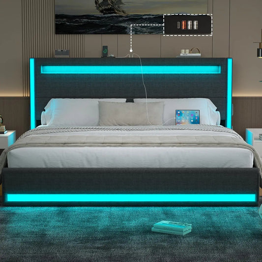 LED Platform Bed USB C Charging Headboard Upholstered Metal Frame