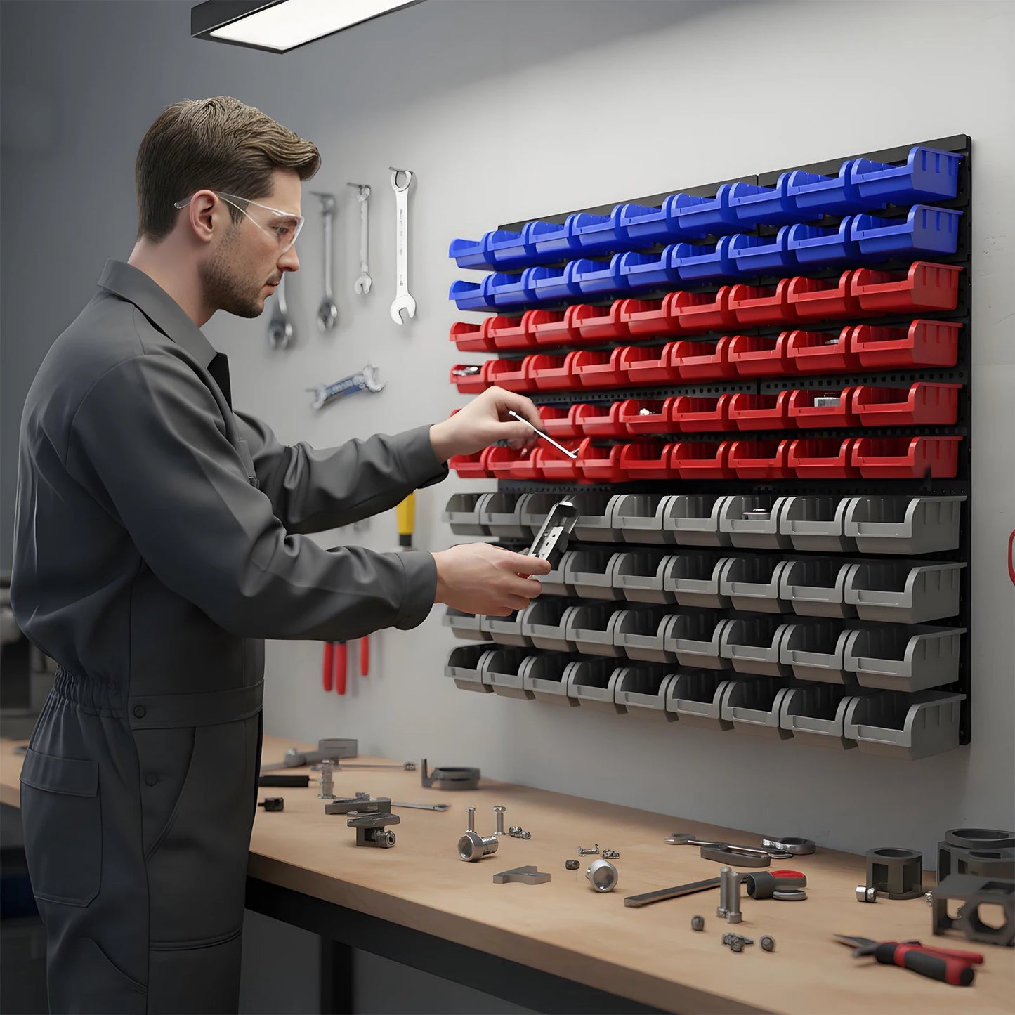 NONECN Wall Mounted Tool Organizer System With Bins And Holders