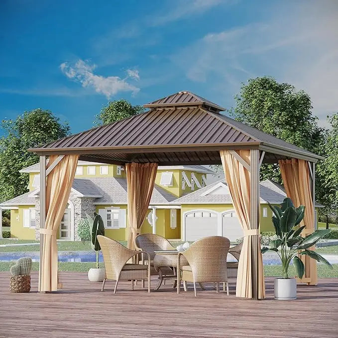 Hardtop Gazebo With Dual Layer Galvanized Metal Roof Netting Curtains