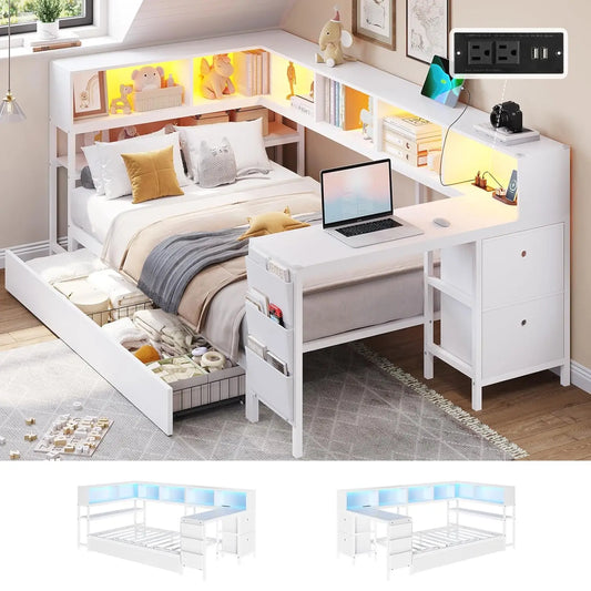 Corner Bed Frame With Desk Charging Station And Bookcase Storage