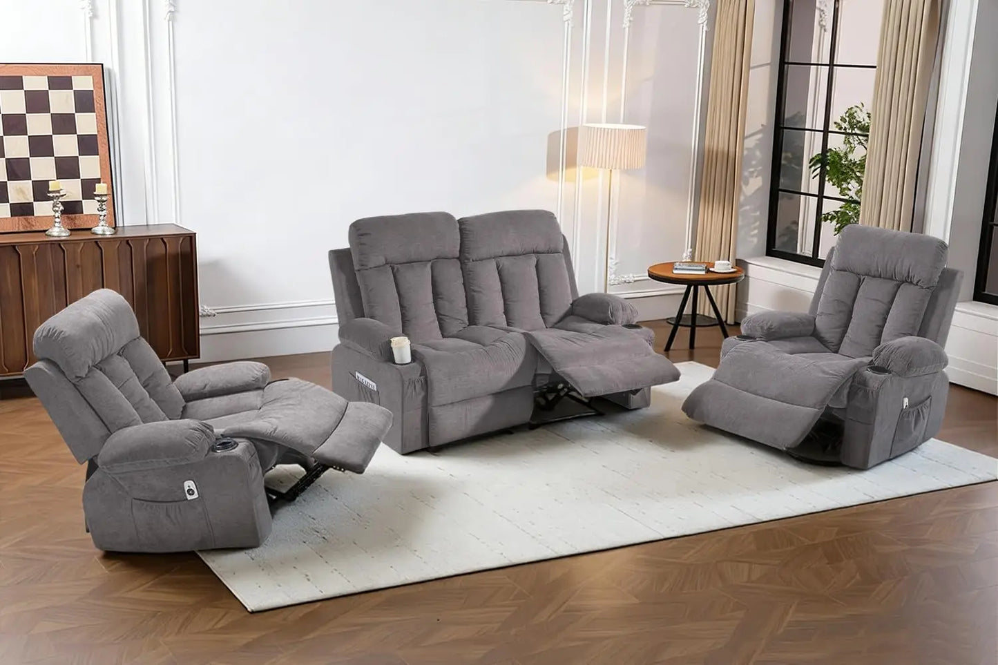 Manual Recliner Sofa Set 3 Piece With Cup Holders Theater