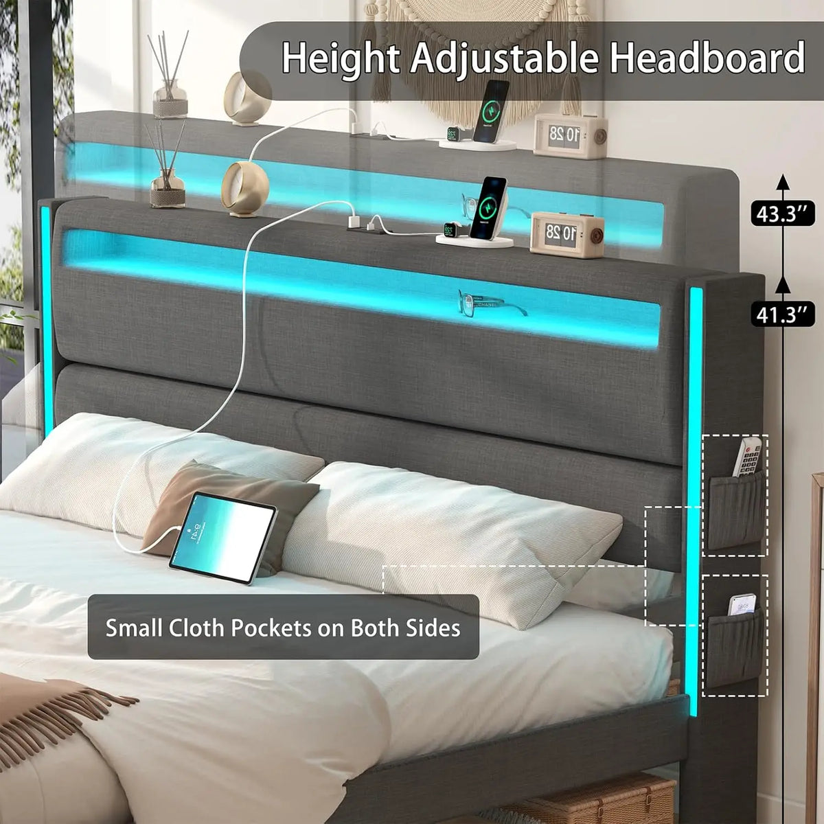 LED Platform Bed USB C Charging Headboard Upholstered Metal Frame – JP ...