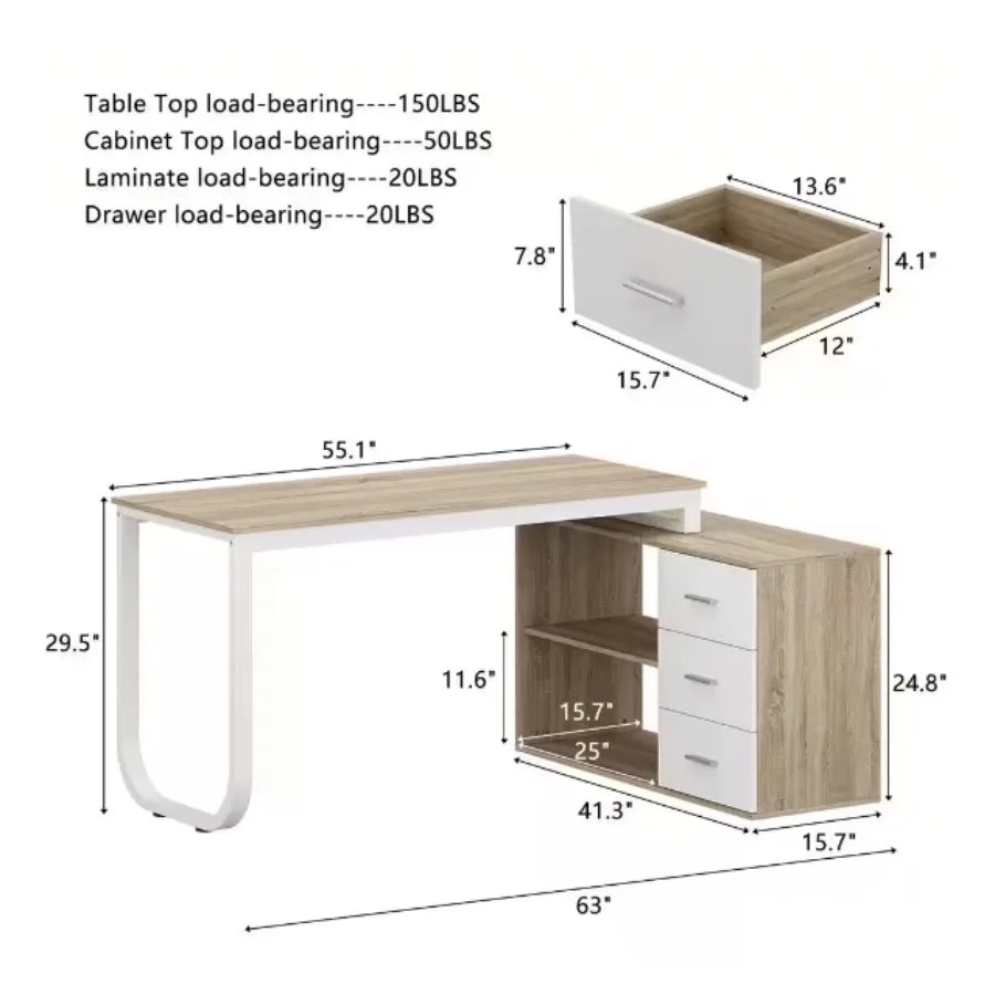 L-Shaped Oak and White Wood Computer Desk With 3 Drawers