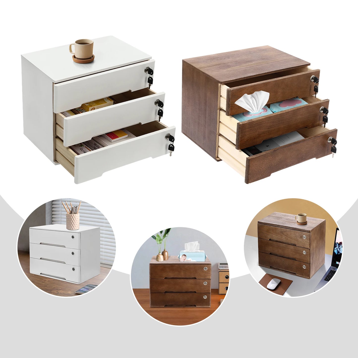 Wooden Desktop Storage Box With Lockable Drawers Office Organizer Cabinet