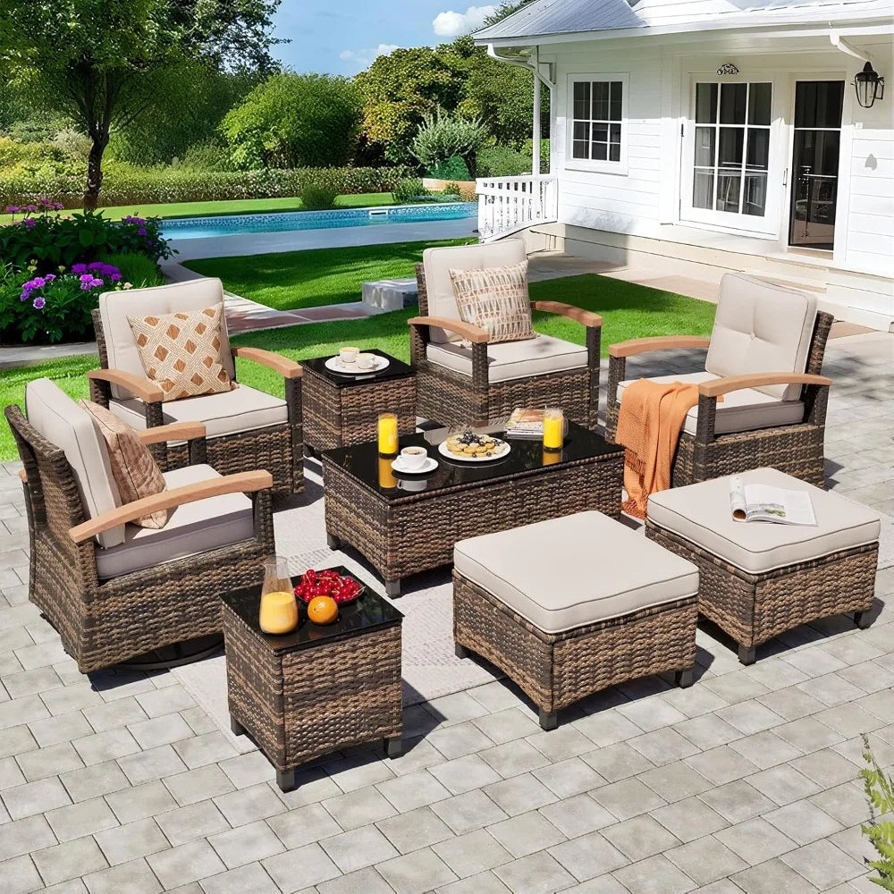 9 Piece Outdoor Patio Furniture Set With Wicker Conversation Chairs