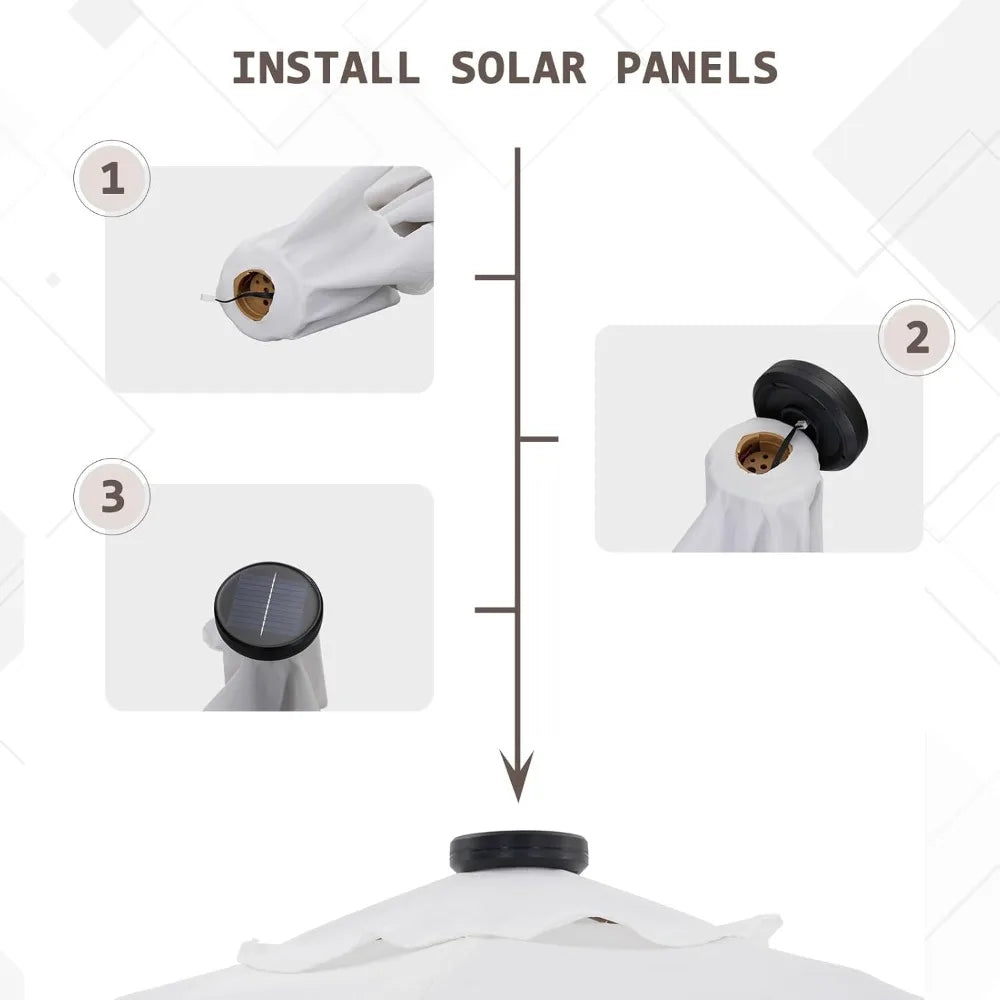 Fringe Patio Umbrella With Base And 18 LED Solar Lights