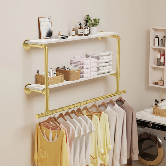 Industrial Pipe Wall Mounted Clothing Rack With Wood Shelves