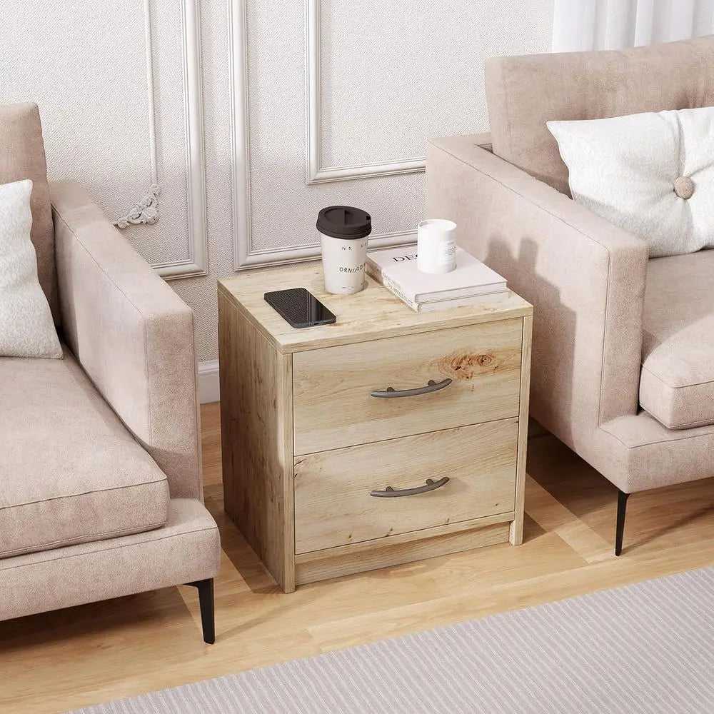 Oak Wood Two Drawer Nightstand With Storage For Small Spaces