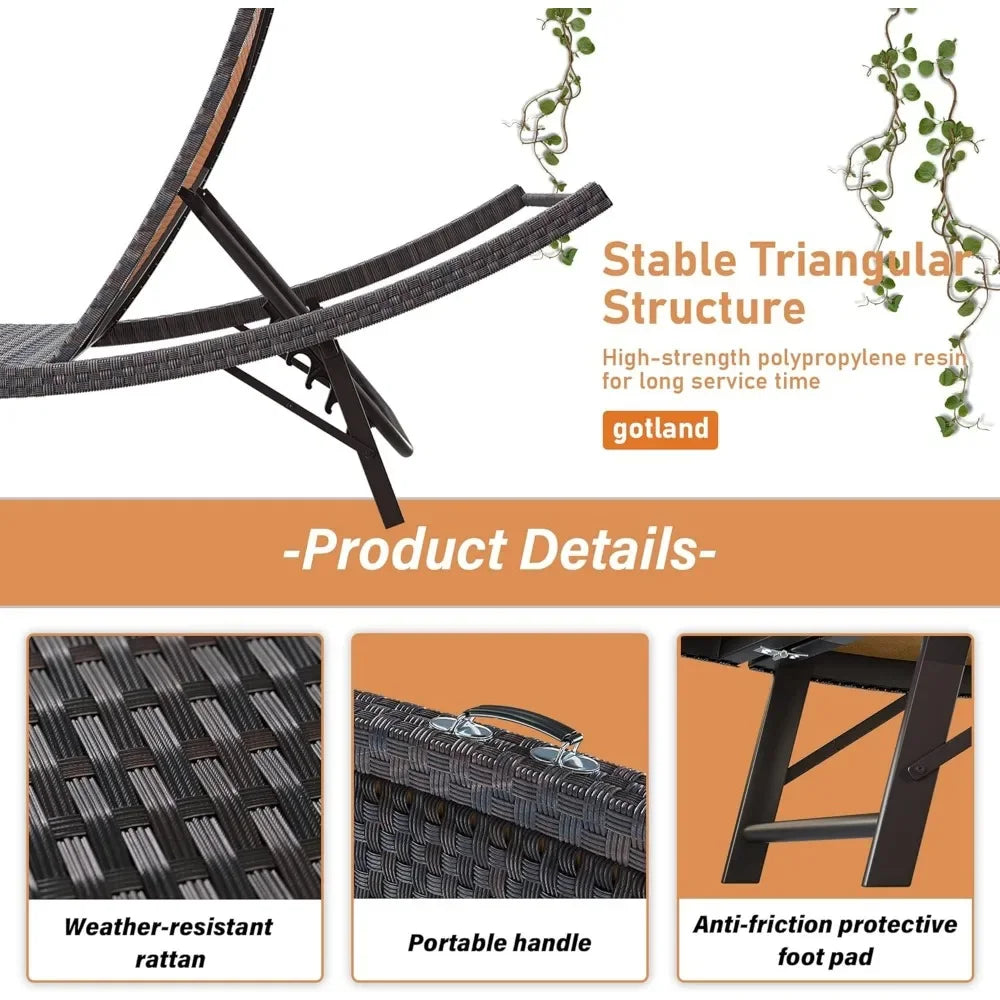 Outdoor Rattan Patio Chaise Lounge Set With Folding Table