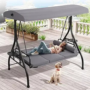 Outdoor Porch Swing With Canopy And Stand 3 Person