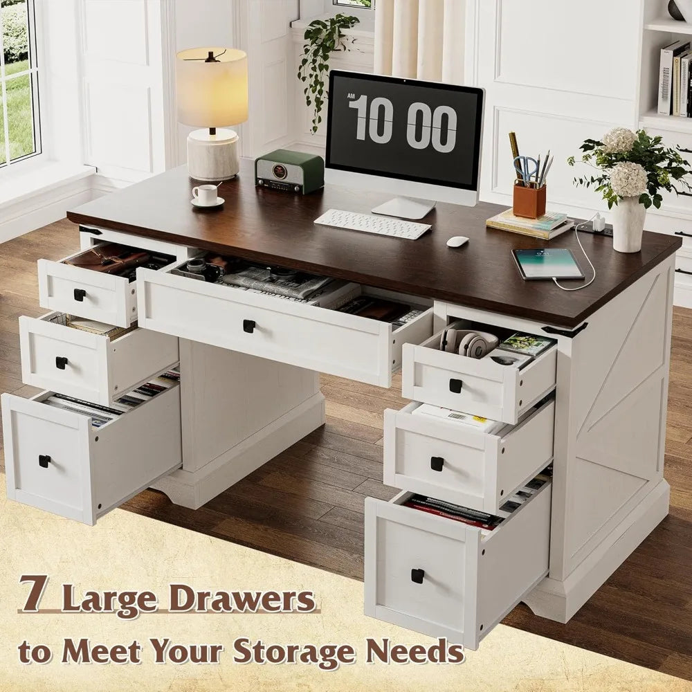 Rustic Farmhouse Executive Desk With Power Outlets And Storage