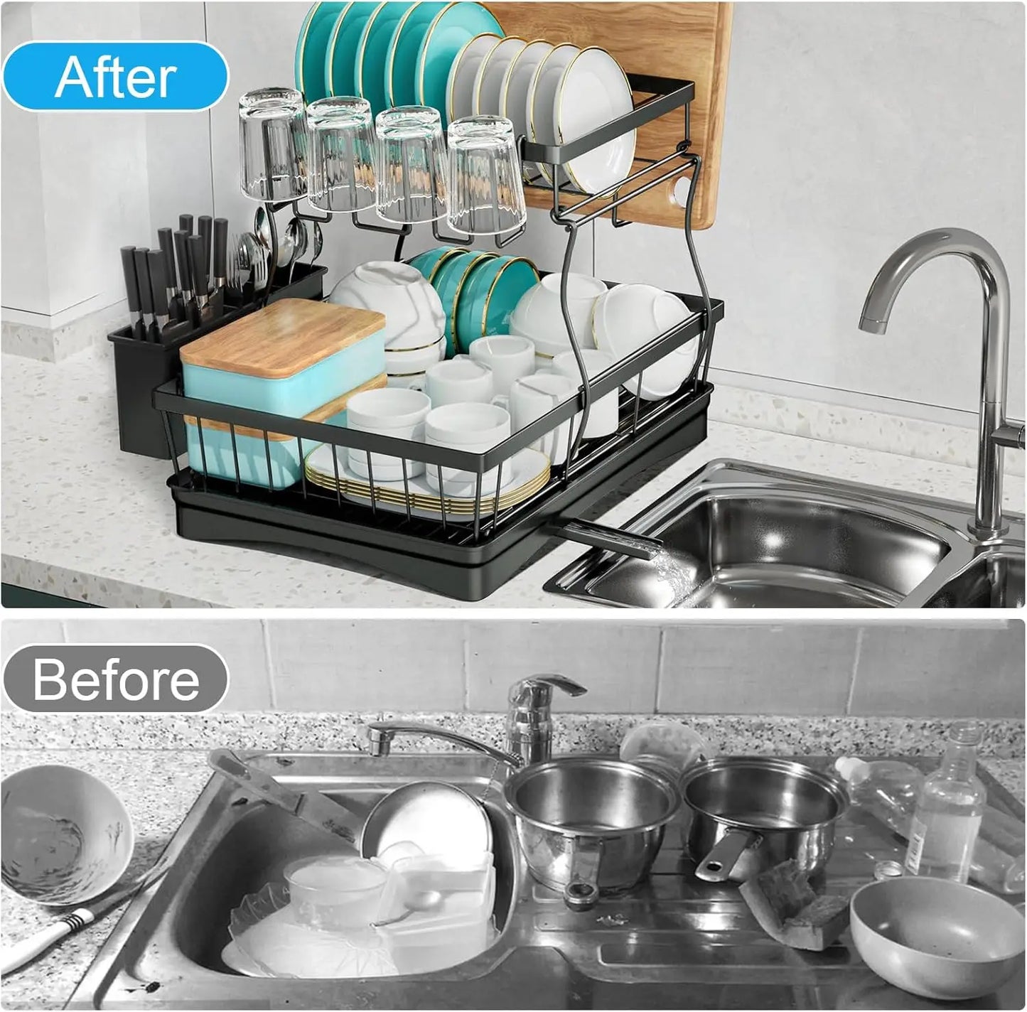 Kitchen Countertop Large Dish Drying Rack Removable High-Capacity Dish Drainer Double-Layer Dish Rack With Cutlery Storage Tray