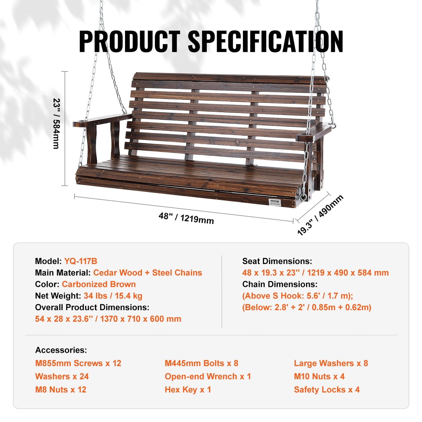 SucceBuy Cedar Wood Porch Swing With Steel Chains For Outdoor Patio