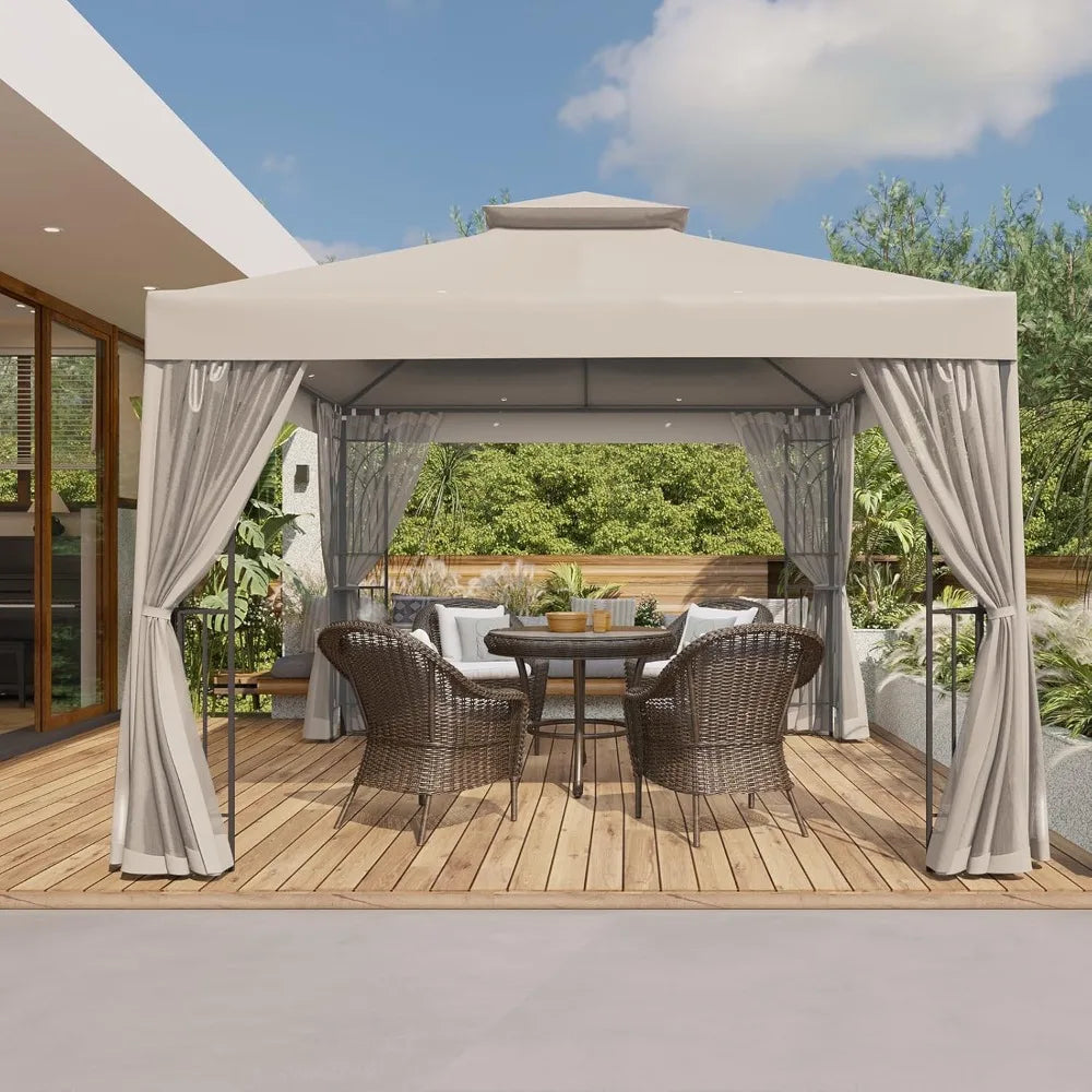 Outdoor Patio Gazebo With Netting And Corner Shelves