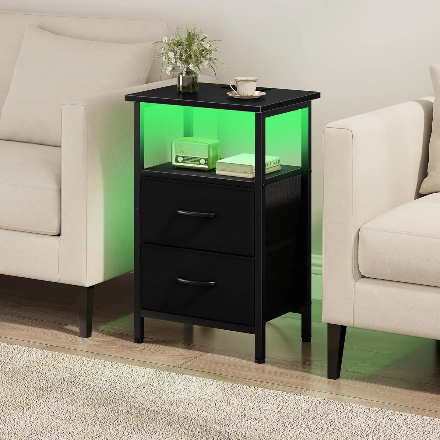 Two Piece Nightstand Set With LED Lights And Charging Station