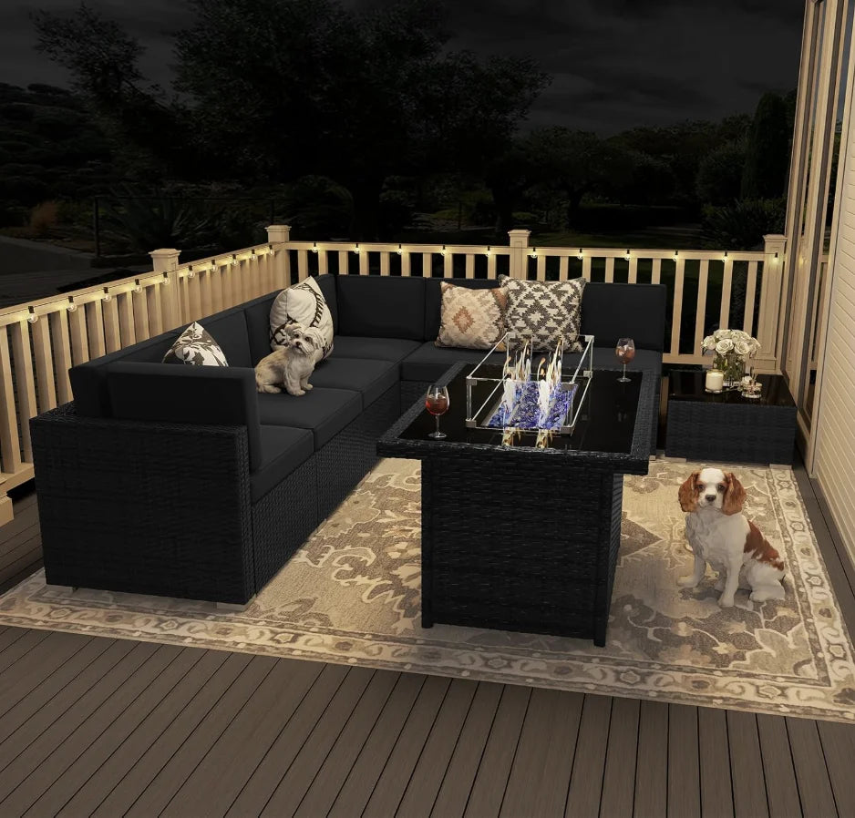 Eight Piece Outdoor Patio Furniture Set With Propane Fire Pit
