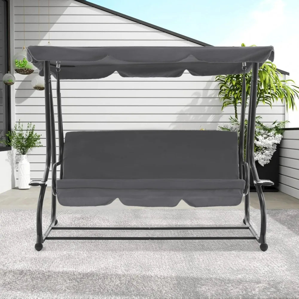 Three Seat Patio Swing Chair With Adjustable Canopy And Weather Resistant Steel