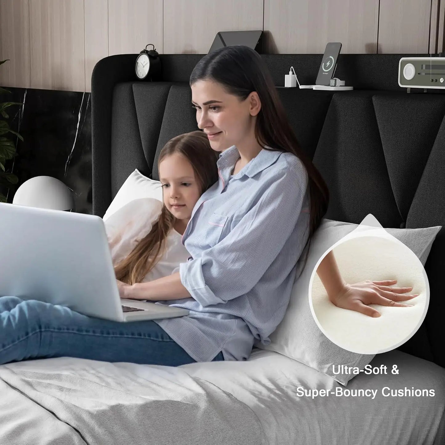 Bed Frame With Storage Drawers Charging Station Upholstered Headboard