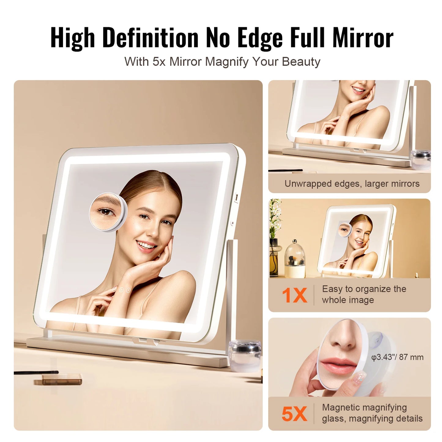 SucceBuy Vanity Mirror with Lights Three Color Lighting Modes Lighted Makeup LED Mirror 5X Magnification USB Port 360°Rotation