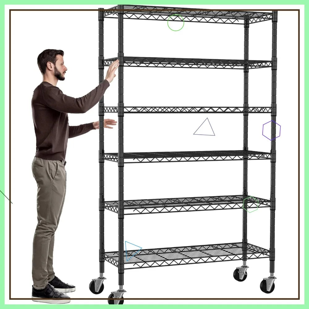 6-Tier Heavy Duty Metal Shelving Unit with Wheels for Storage