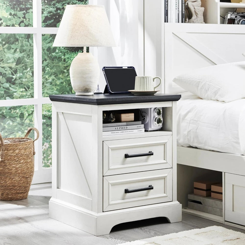 Farmhouse Nightstand With Charging Station And 2 Drawers