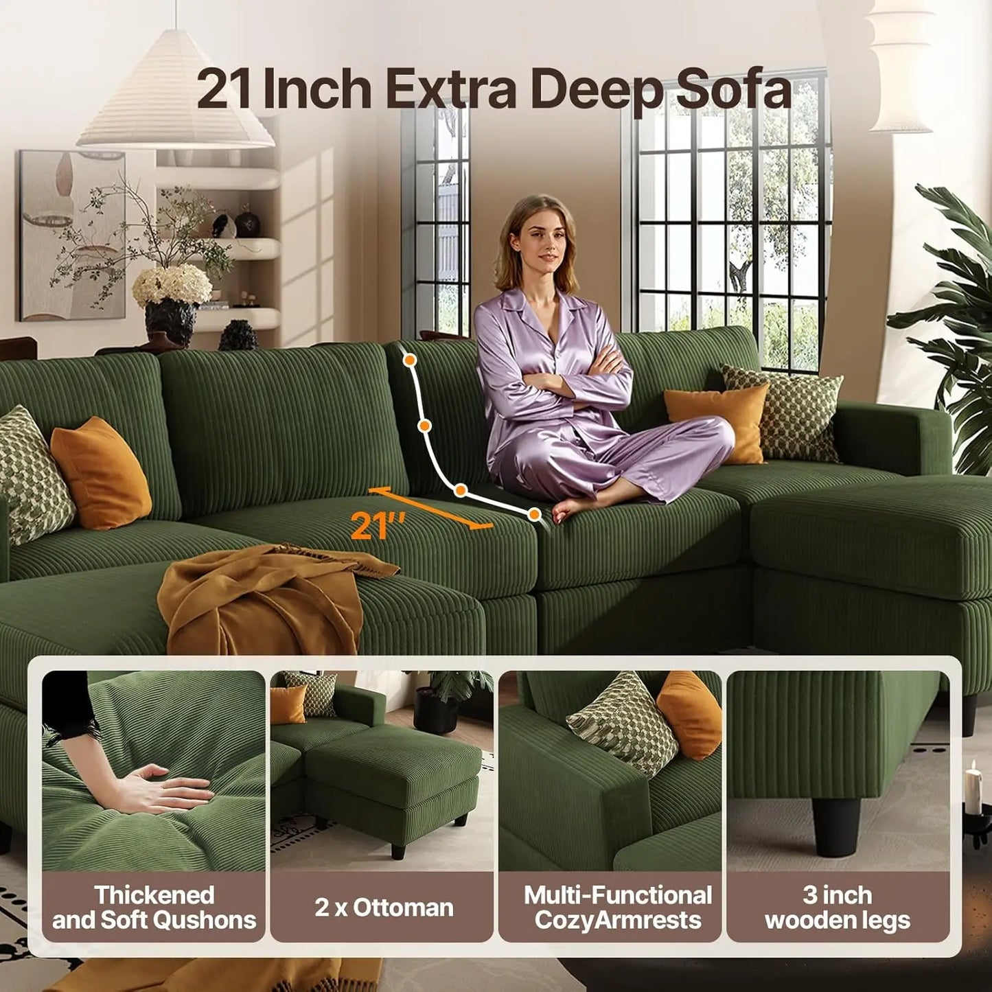U Shaped Sectional Sofa With Two Ottomans Modern Home Furniture