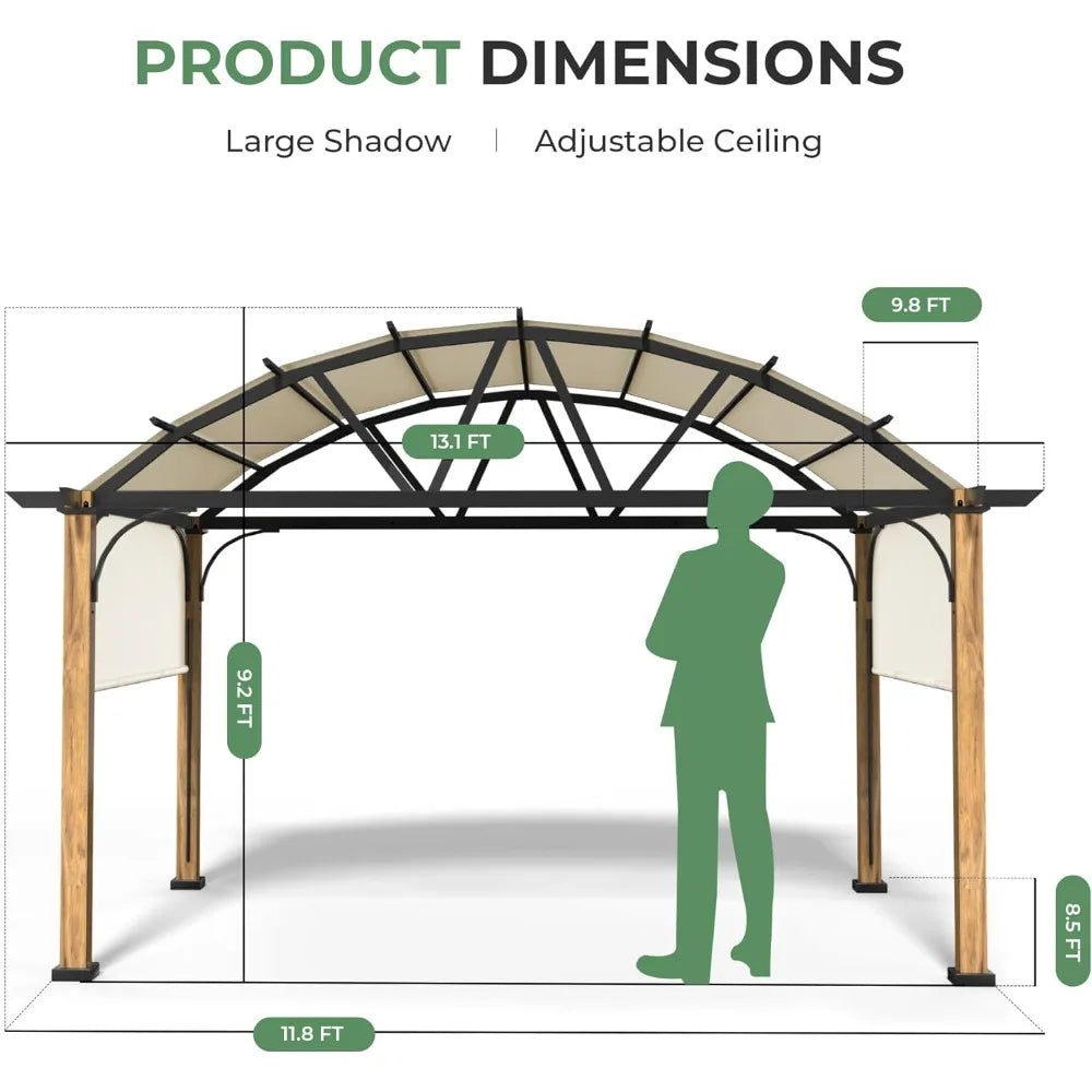 Wood Grain Aluminum Pergola With Retractable Canopy
