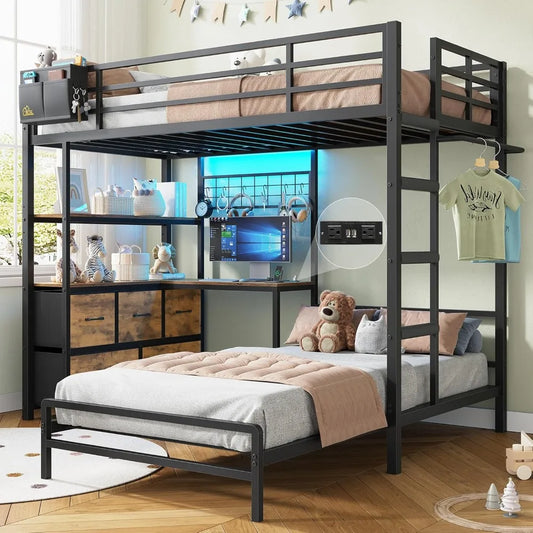 Metal Bunk Bed With L Shaped Desk And LED Lights