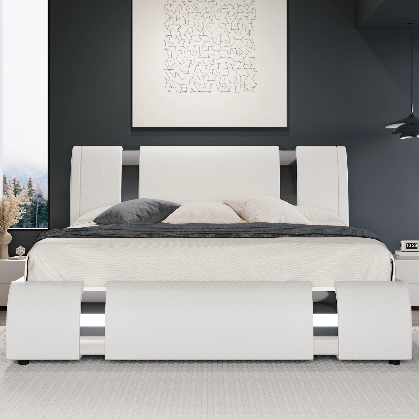 HOOMIC Modern Faux Leather Bed Frame With Iron Decor