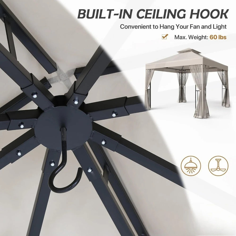 Outdoor Patio Gazebo With Netting And Corner Shelves