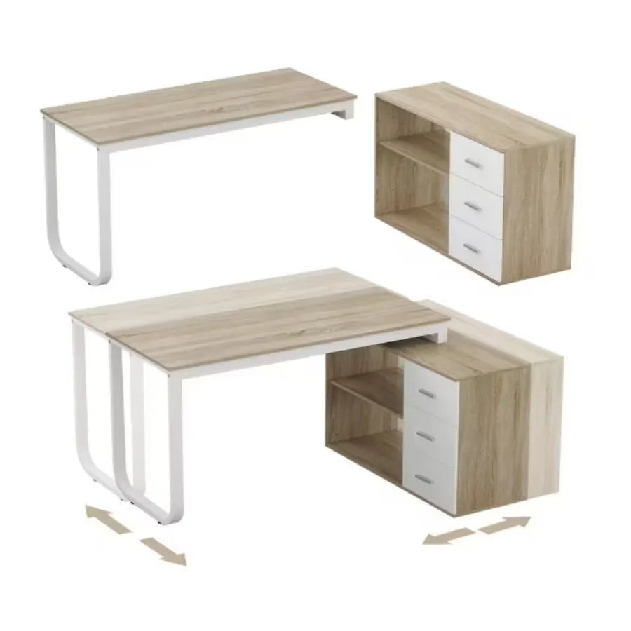 L-Shaped Oak and White Wood Computer Desk With 3 Drawers