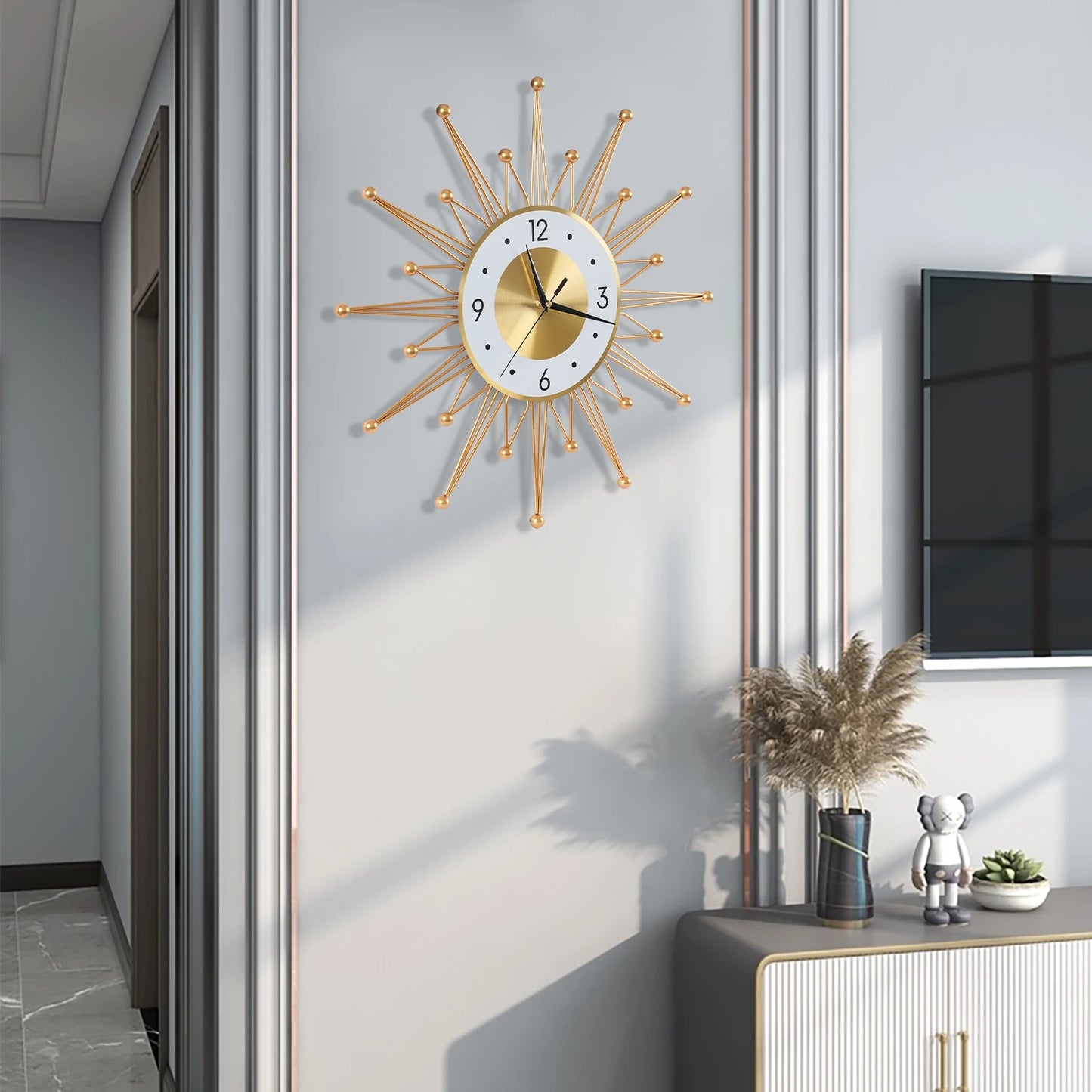 NONED Sunburst Iron Wall Clock Battery Powered Living Room Decor
