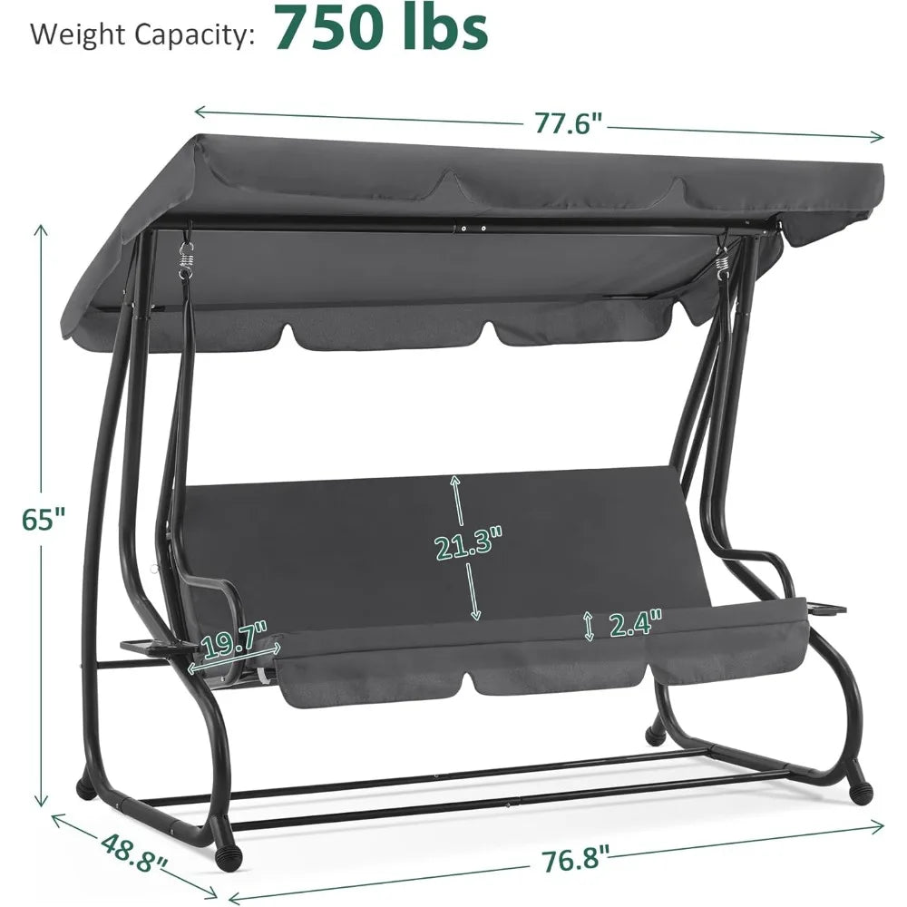 Three Seat Patio Swing Chair With Adjustable Canopy And Weather Resistant Steel