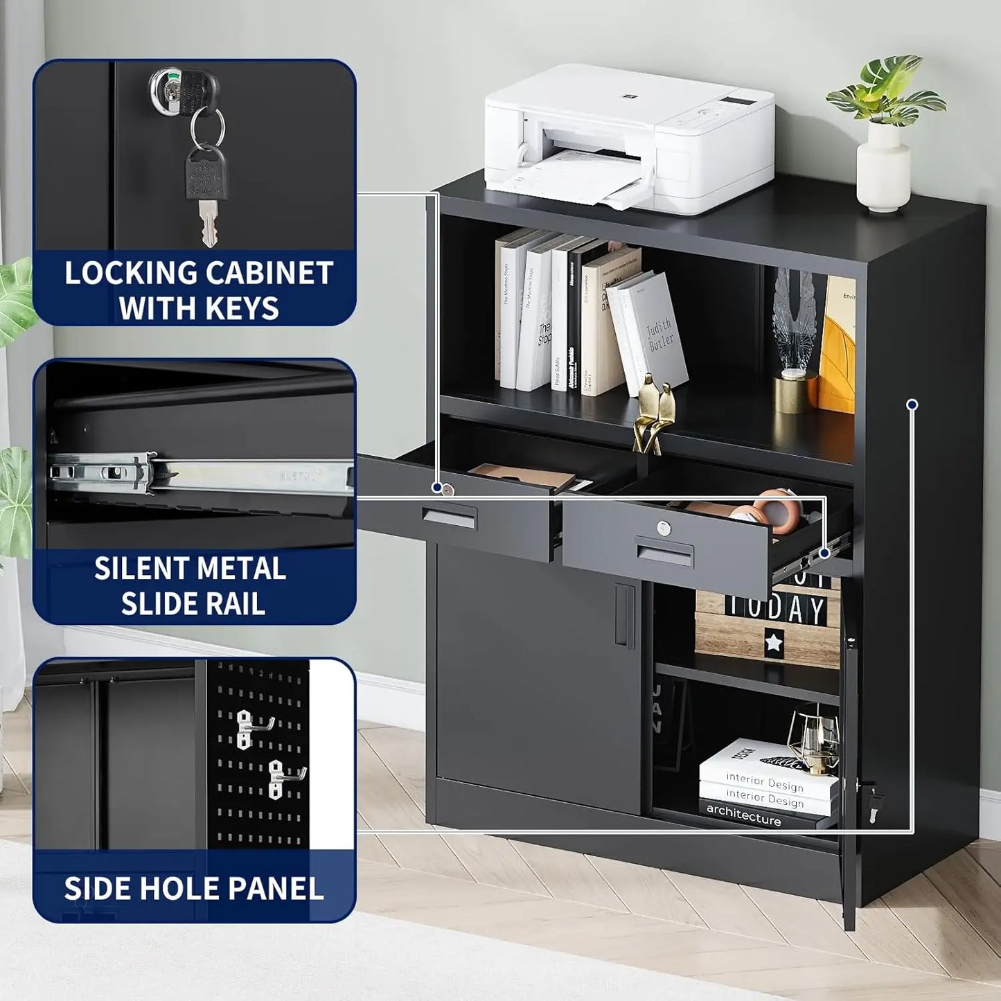 Metal Storage Cabinet with Drawers and Locking Doors,- Steel Lockable Storage Cabinet with Shelves for Home, Customized