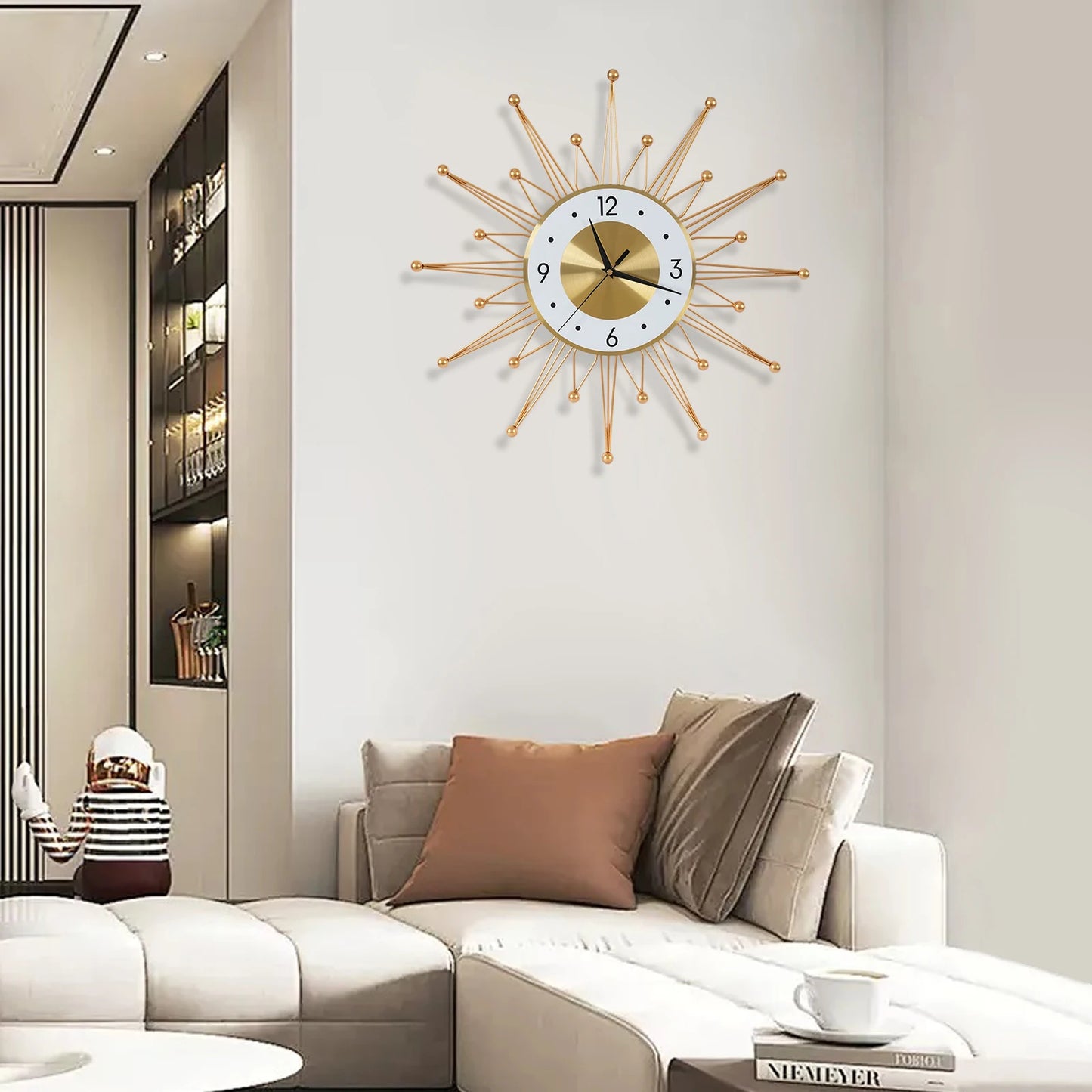 NONED Sunburst Iron Wall Clock Battery Powered Living Room Decor